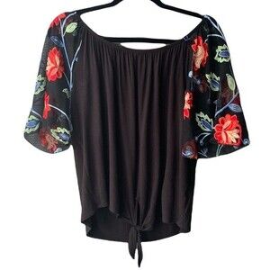 Kim & Cami Black Floral Sleeve Tie T-Shirt Blouse Size L